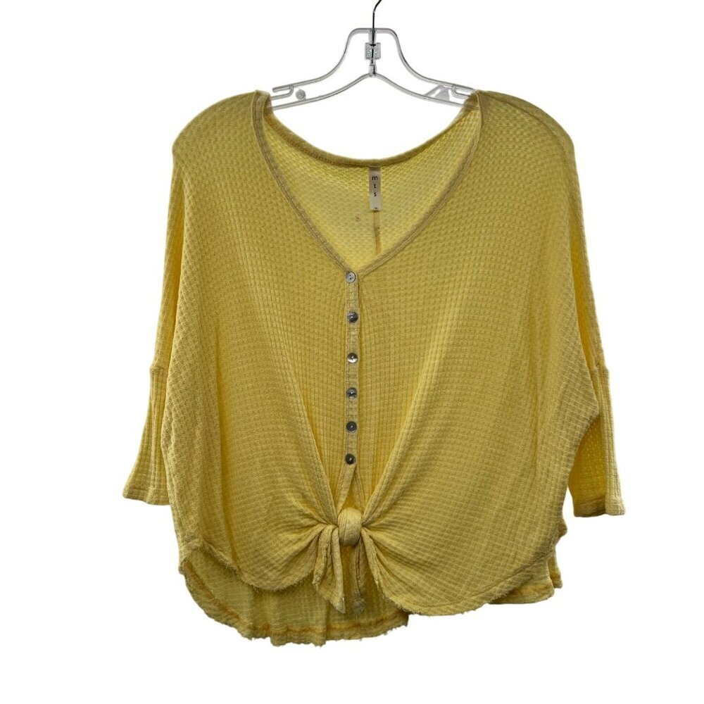 MTS Women's Oversized Waffle Knit Lightwight Knotted Hem Top Yellow Size Small